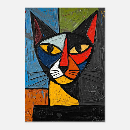 Färgstark väggkonst med en abstrakt katt mot en ljusgrå minimalistisk bakgrund