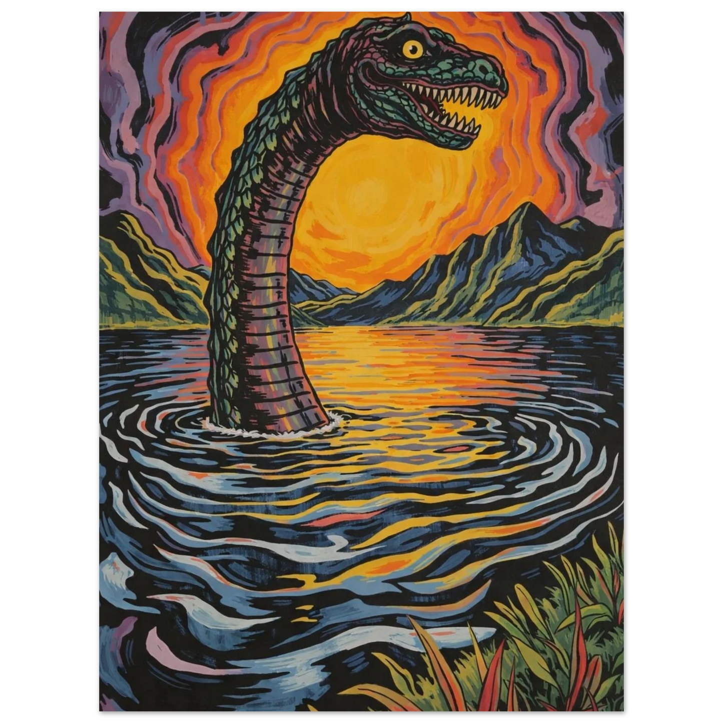 Närbild på sjöodjur i grafisk retrostil med intensiva färger – konstposter