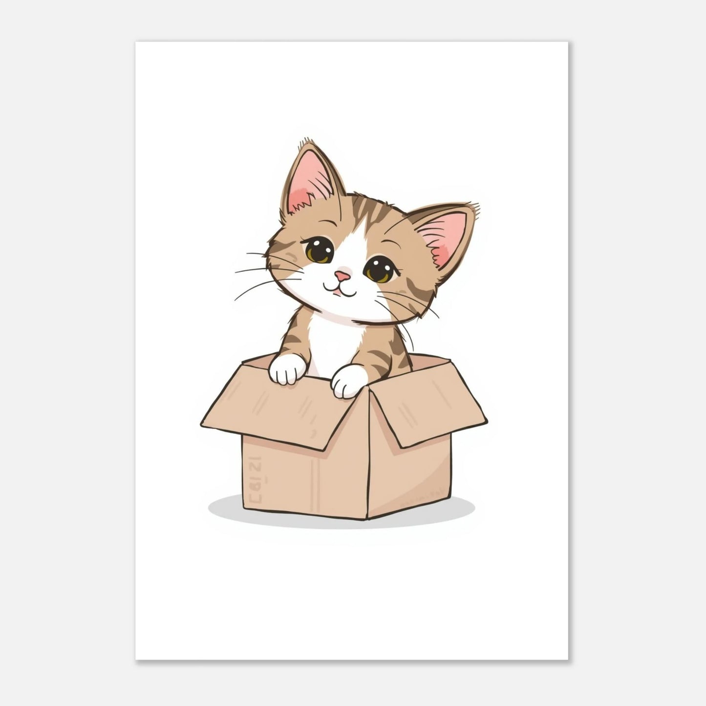 Digital illustration av en brunrandig kattunge i en papperskartong