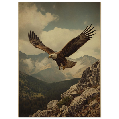 Naturtrogen poster av en örn i flykt mot en disig bergshimmel