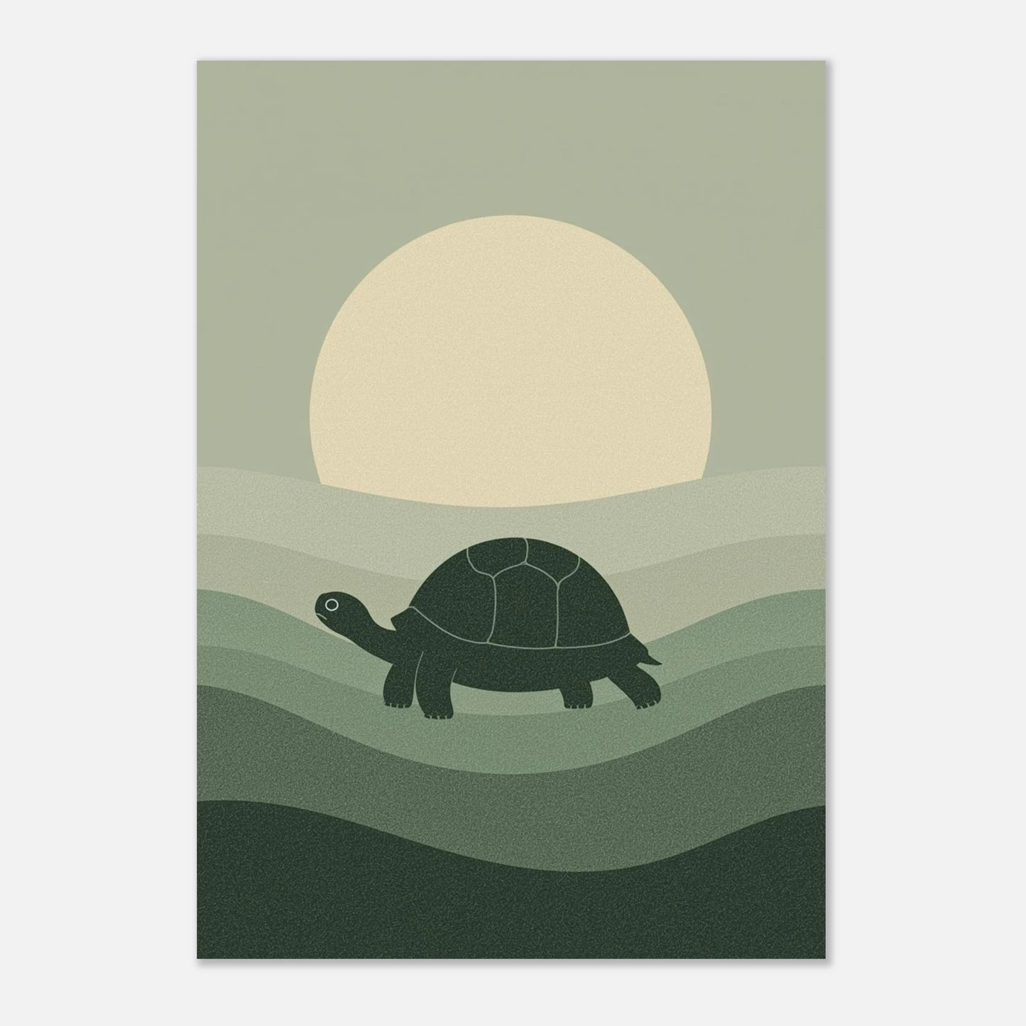 Grönskalig illustration av en sköldpadda i profil mot en minimalistisk bakgrund – djurmotiv