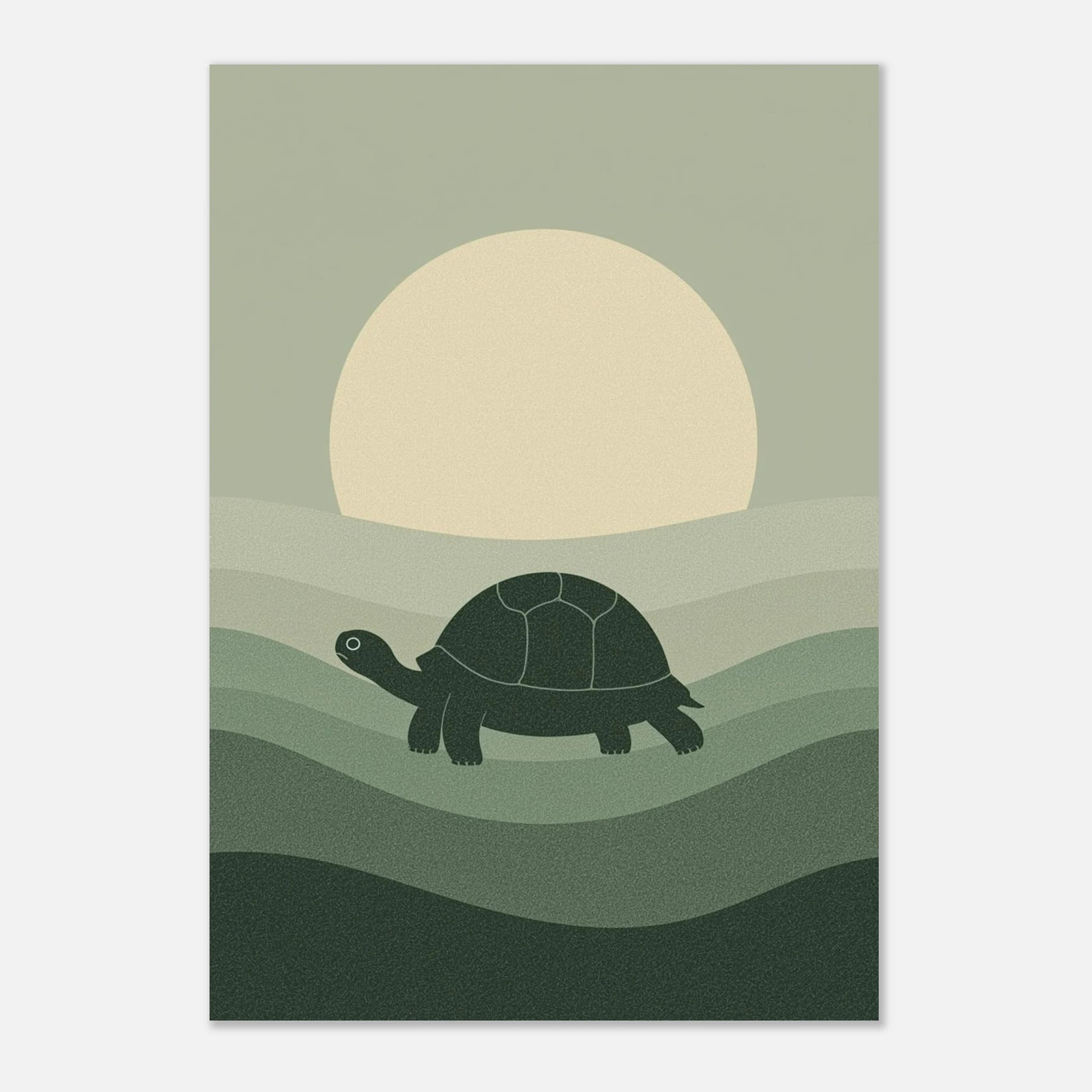 Grönskalig illustration av en sköldpadda i profil mot en minimalistisk bakgrund – djurmotiv