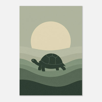 Grönskalig illustration av en sköldpadda i profil mot en minimalistisk bakgrund – djurmotiv