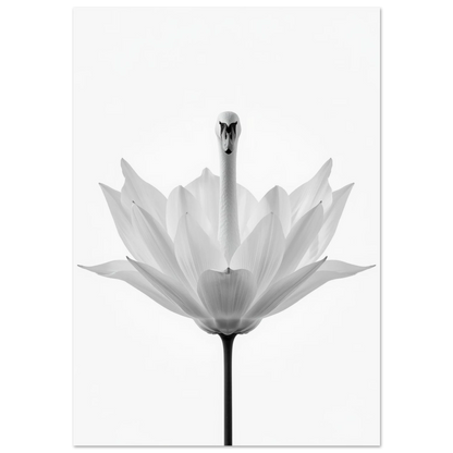 Svartvit surrealistisk poster med en svan som reser sig ur en blomma