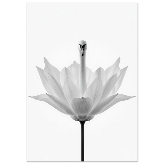 Svartvit surrealistisk poster med en svan som reser sig ur en blomma