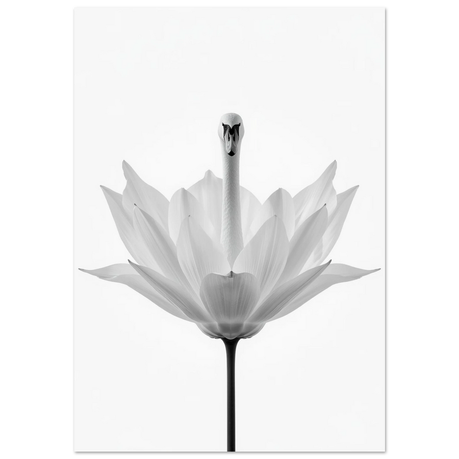 Svartvit surrealistisk poster med en svan som reser sig ur en blomma