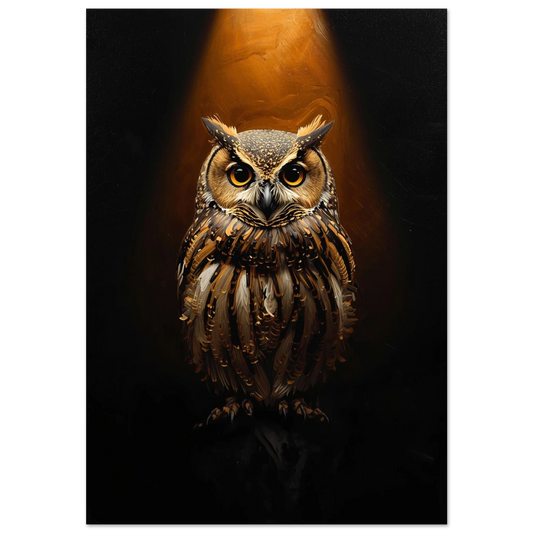 Uggla i impasto oljestil med intensiv blick och gyllene ljus