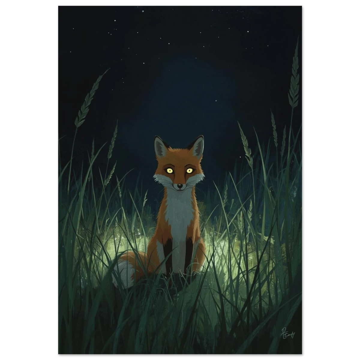 Illustration av en räv med lysande ögon i nattligt gräs på svart bakgrund