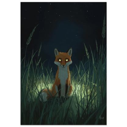Illustration av en räv med lysande ögon i nattligt gräs på svart bakgrund