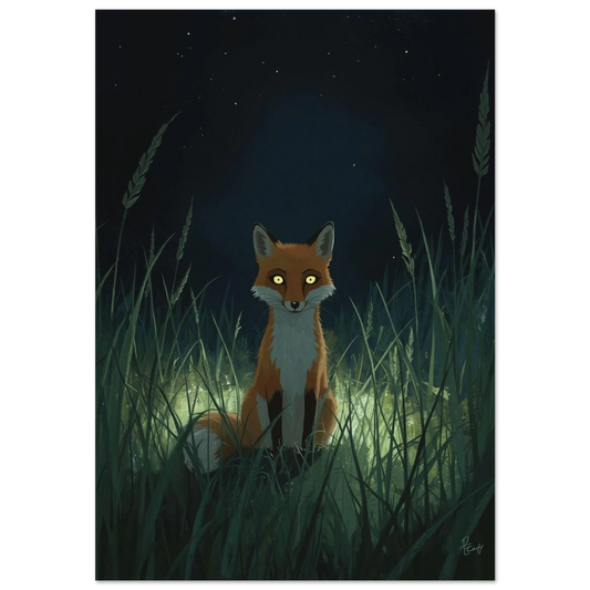 Illustration av en räv med lysande ögon i nattligt gräs på svart bakgrund