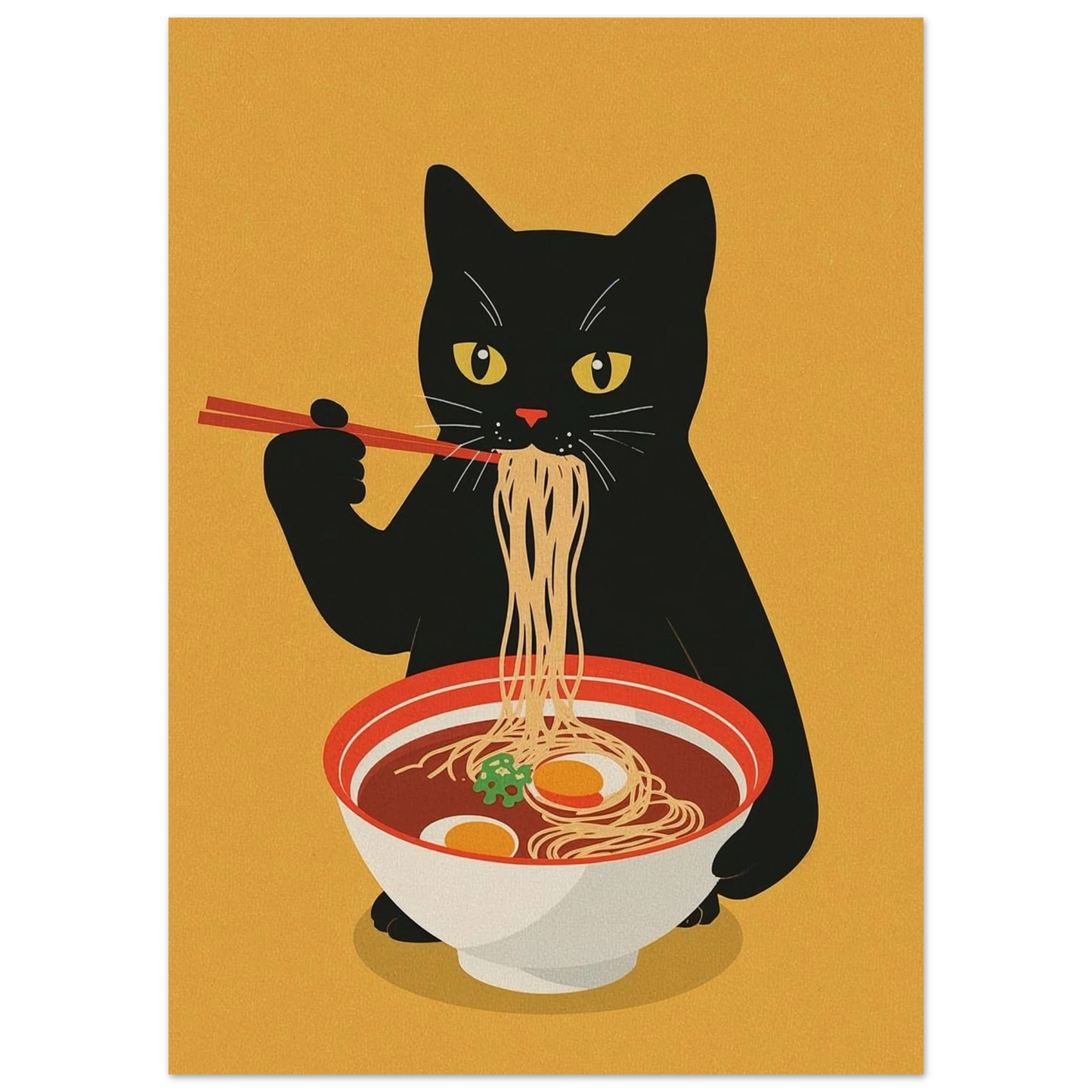 Närbild på en illustrerad katt med en skål rykande ramen – Tecknad poster