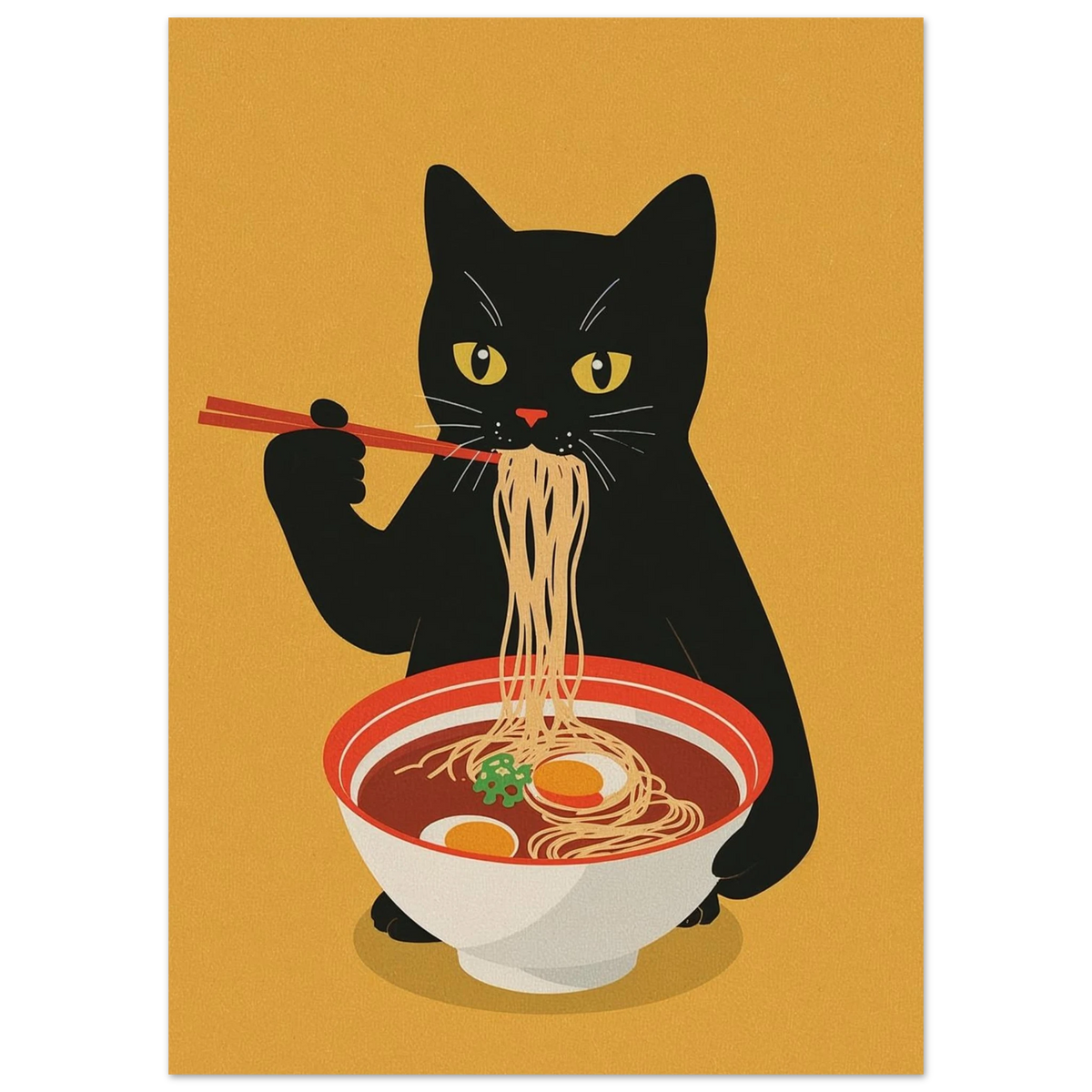 Närbild på en illustrerad katt med en skål rykande ramen – Tecknad poster