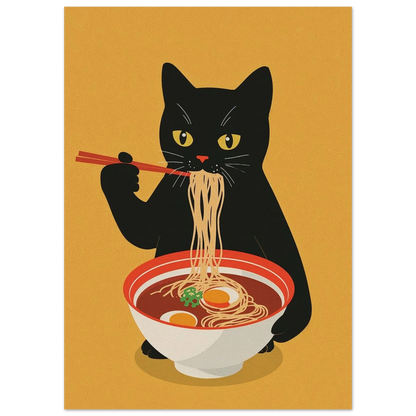 Närbild på en illustrerad katt med en skål rykande ramen – Tecknad poster