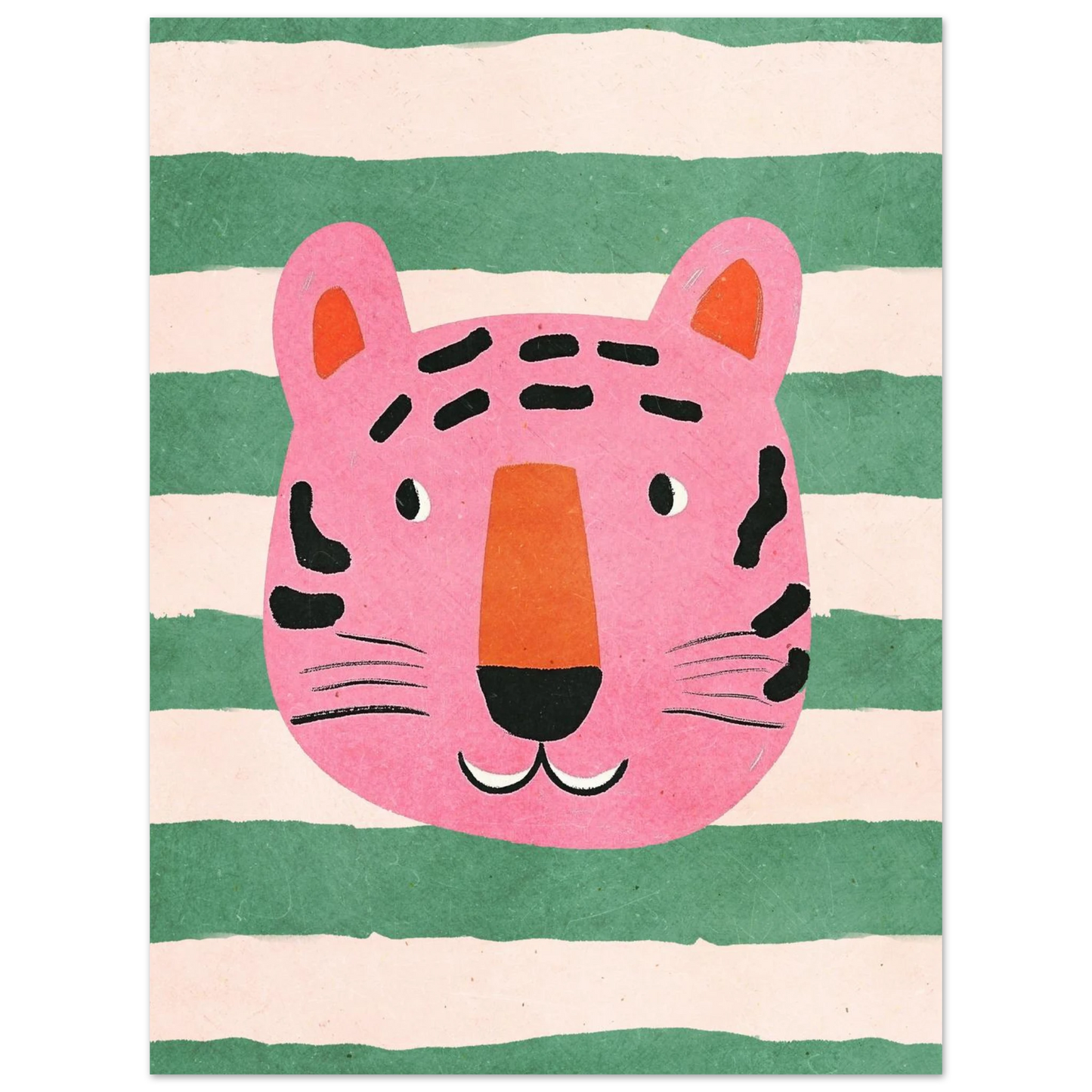 Lekfull tiger i rosa nyanser på en horisontellt randig grön bakgrund