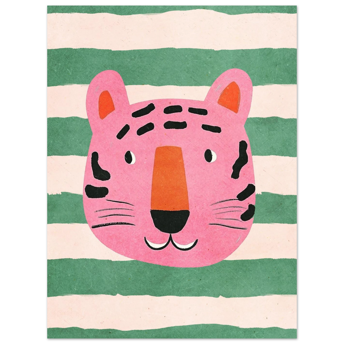 Lekfull tiger i rosa nyanser på en horisontellt randig grön bakgrund