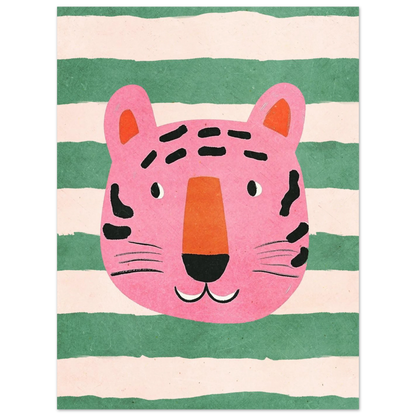 Lekfull tiger i rosa nyanser på en horisontellt randig grön bakgrund