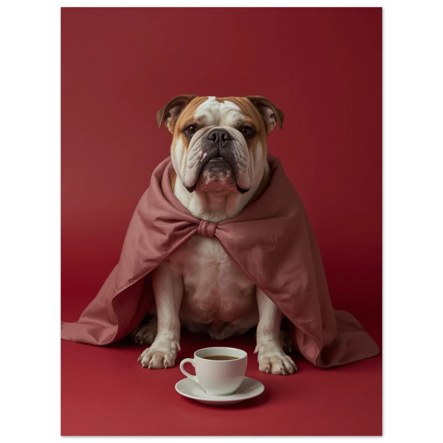 Charmig hundposter föreställande bulldogg i rosa mantel med kaffe