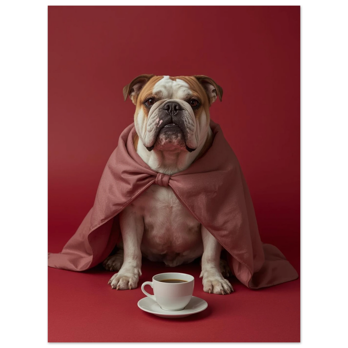 Charmig hundposter föreställande bulldogg i rosa mantel med kaffe