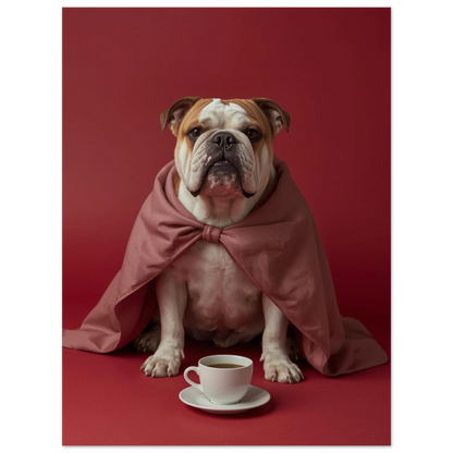 Charmig hundposter föreställande bulldogg i rosa mantel med kaffe