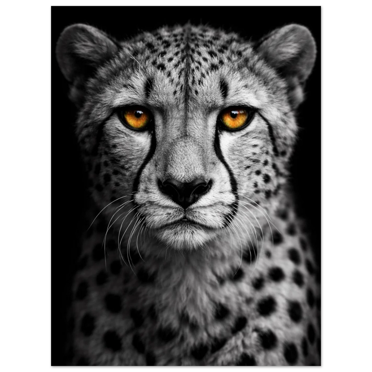 Fotorealistiskt porträtt av en gepard med kontrastrika fläckar och gula ögon