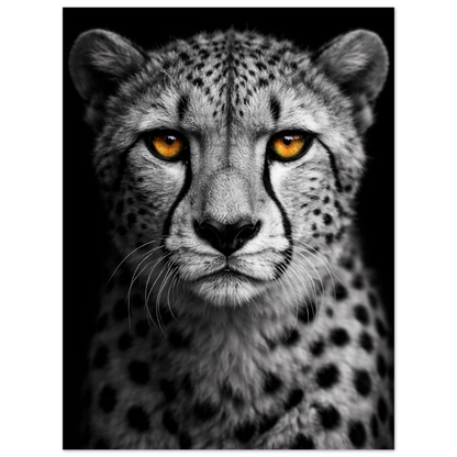 Fotorealistiskt porträtt av en gepard med kontrastrika fläckar och gula ögon