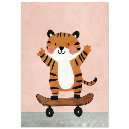 Glad orange tiger på skateboard mot rosa bakgrund – barnposter