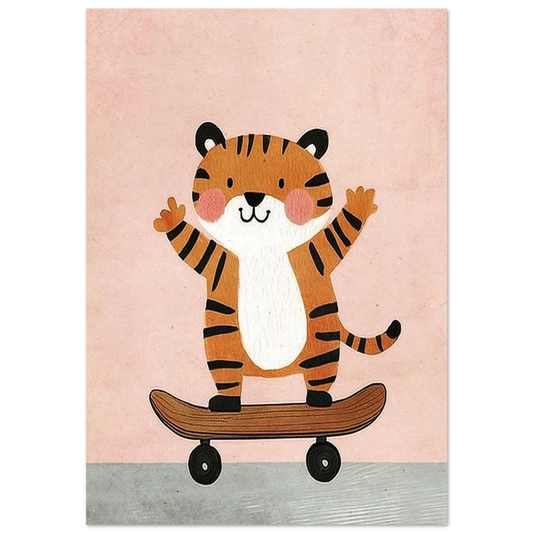 Glad orange tiger på skateboard mot rosa bakgrund – barnposter