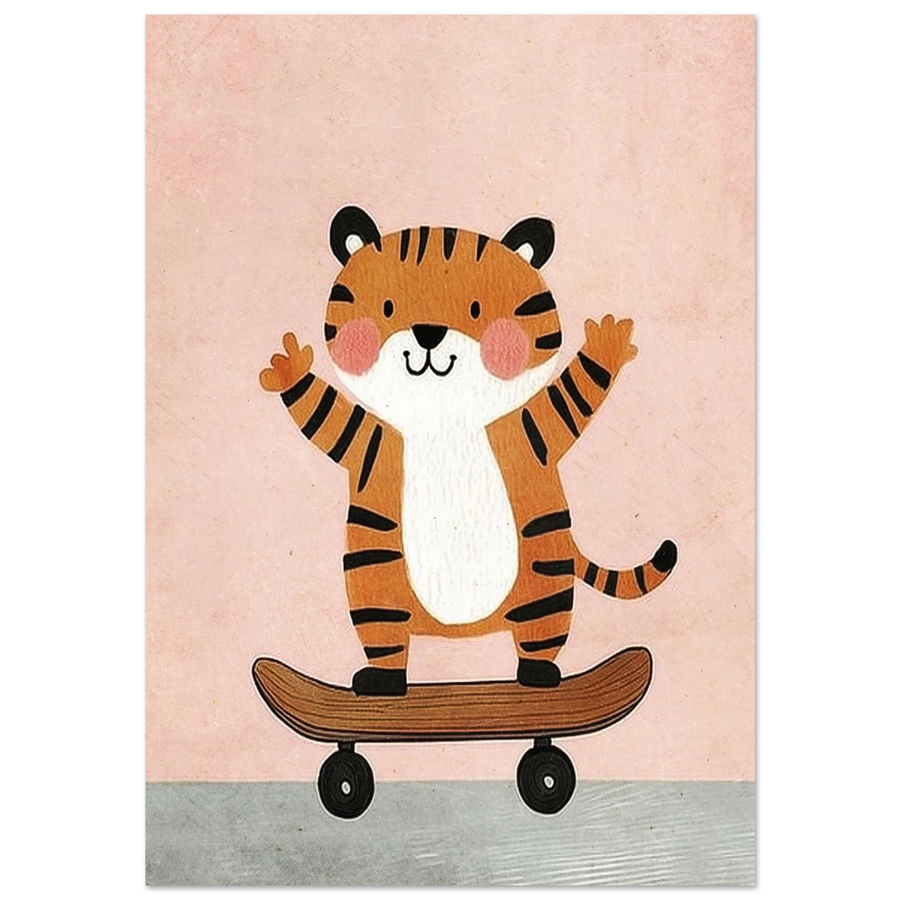 Glad orange tiger på skateboard mot rosa bakgrund – barnposter