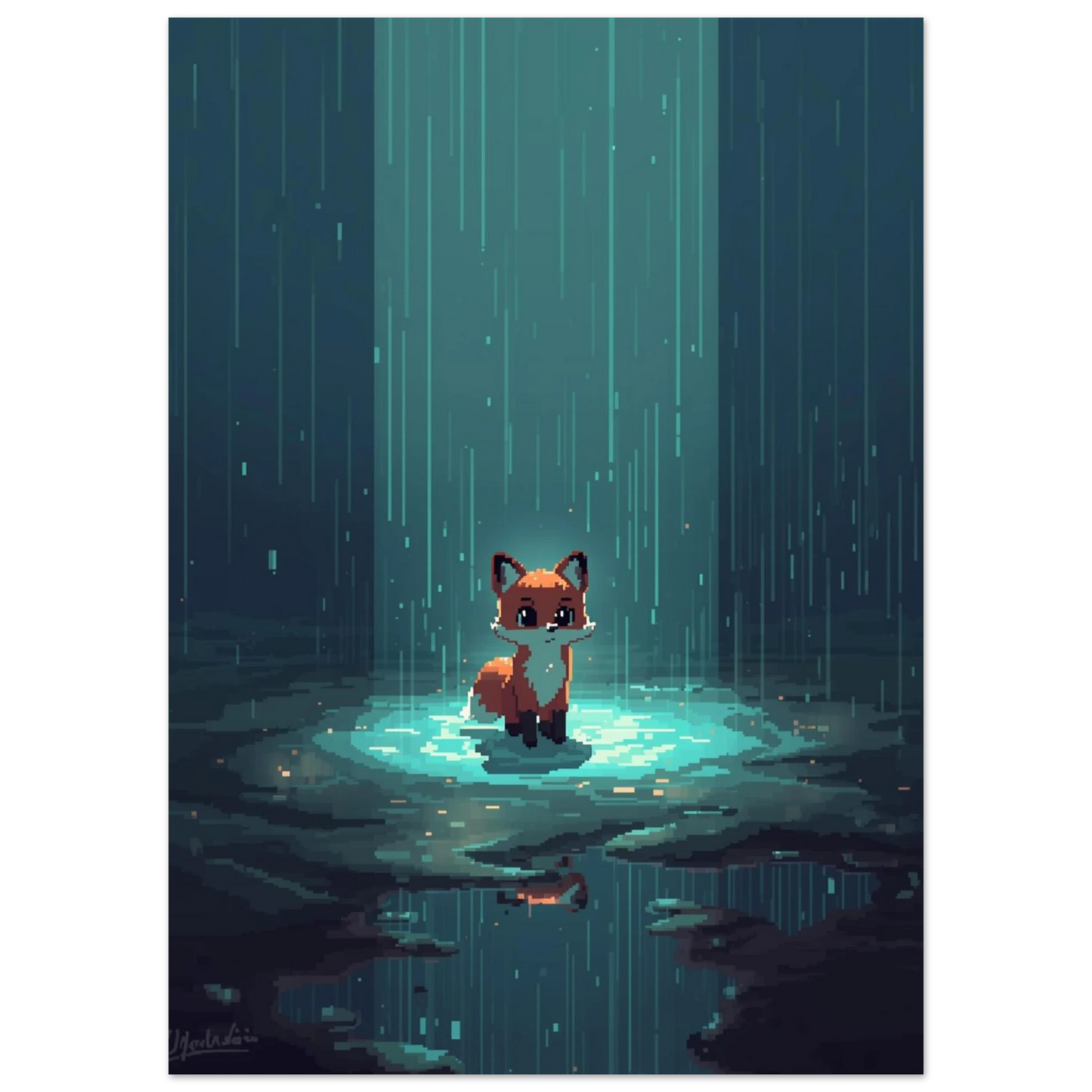 Liten räv i regnet, digital illustration i pixelstil med reflektioner