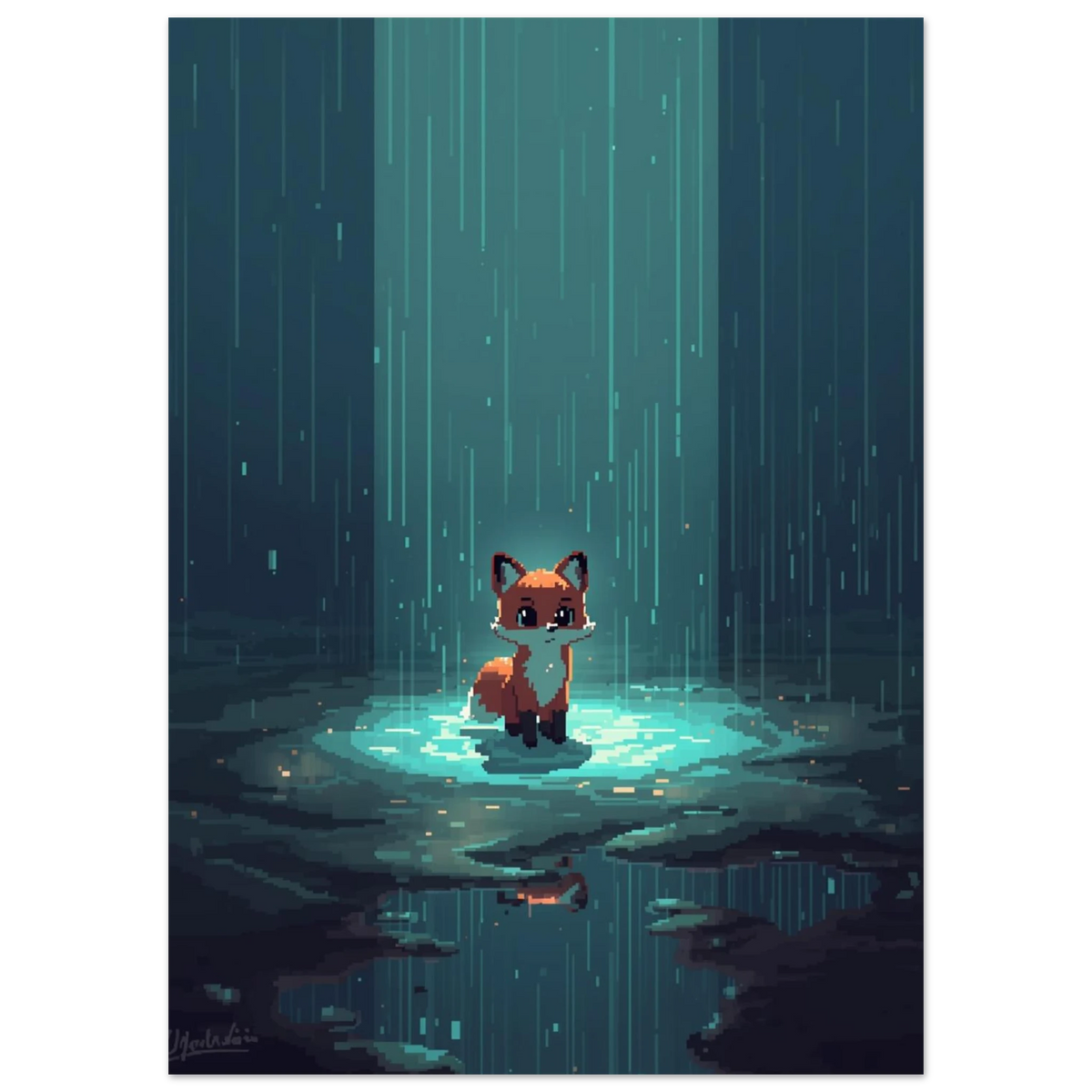 Liten räv i regnet, digital illustration i pixelstil med reflektioner