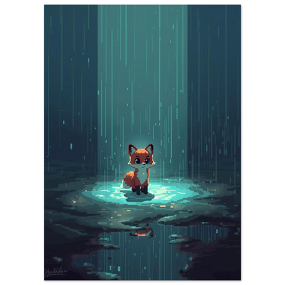 Liten räv i regnet, digital illustration i pixelstil med reflektioner