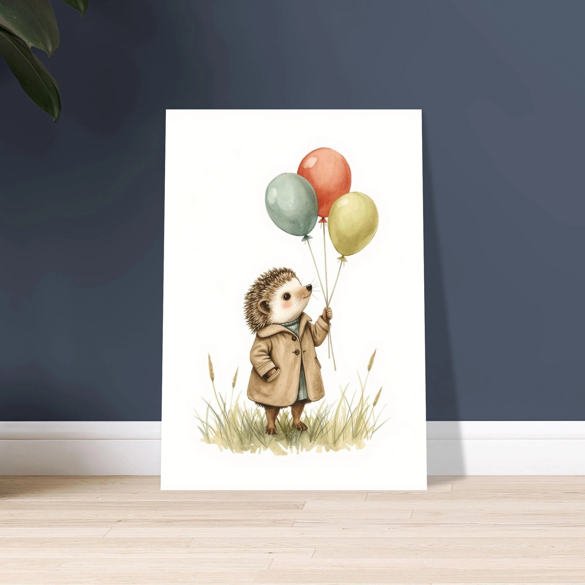 Söt igelkott med ballonger i sagoboksstil, drömsk och charmig.