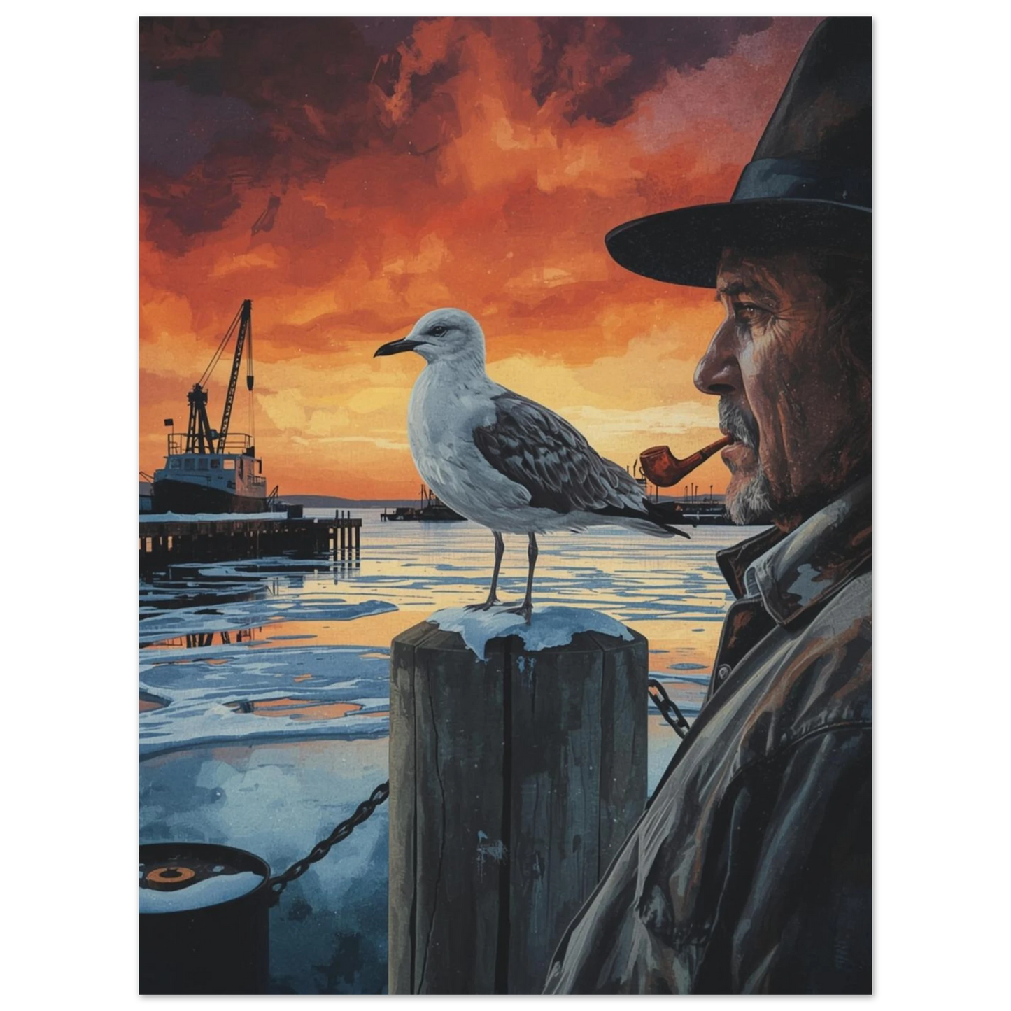 Detaljrik illustration av en fiskmås och gammal sjöman, marin väggkonst