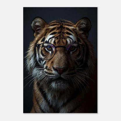 Digitalt konsttryck av tiger med glasögon, unik inredningsdetalj för vardagsrum