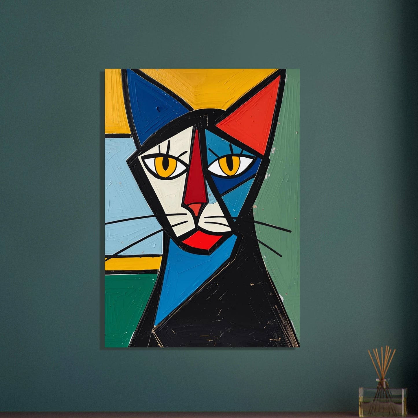 Kubistiskt kattporträtt i Picassoinspirerad stil med djärva färger och former.