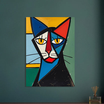 Kubistiskt kattporträtt i Picassoinspirerad stil med djärva färger och former.