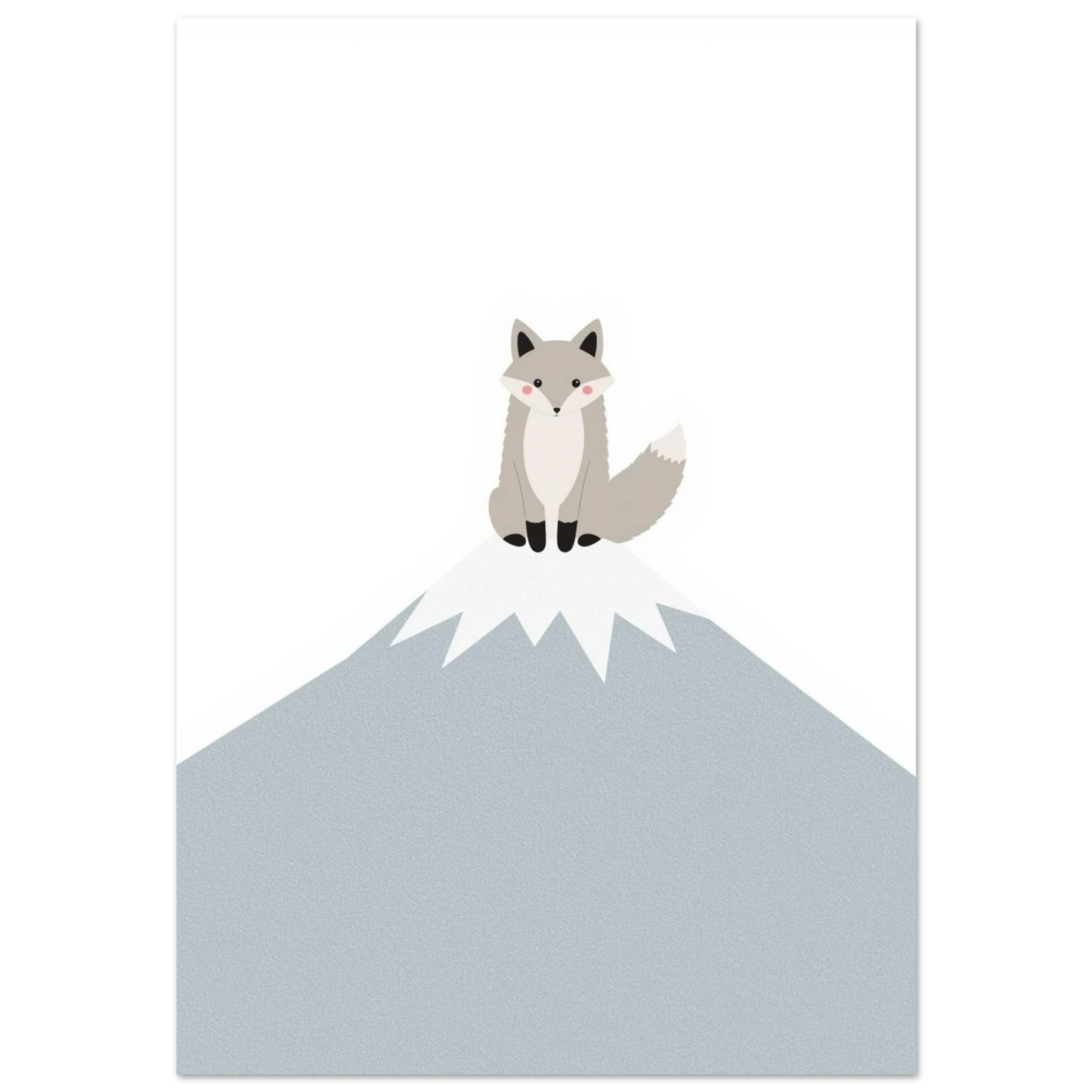 Söt grå fjällräv på en vit bergstopp, minimalistisk barnposter