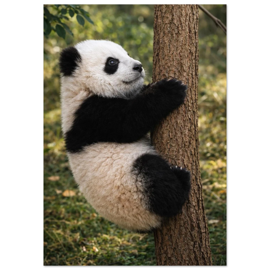 En liten pandaunge som klättrar på en smal trädstam i skogen – fotorealistisk poster