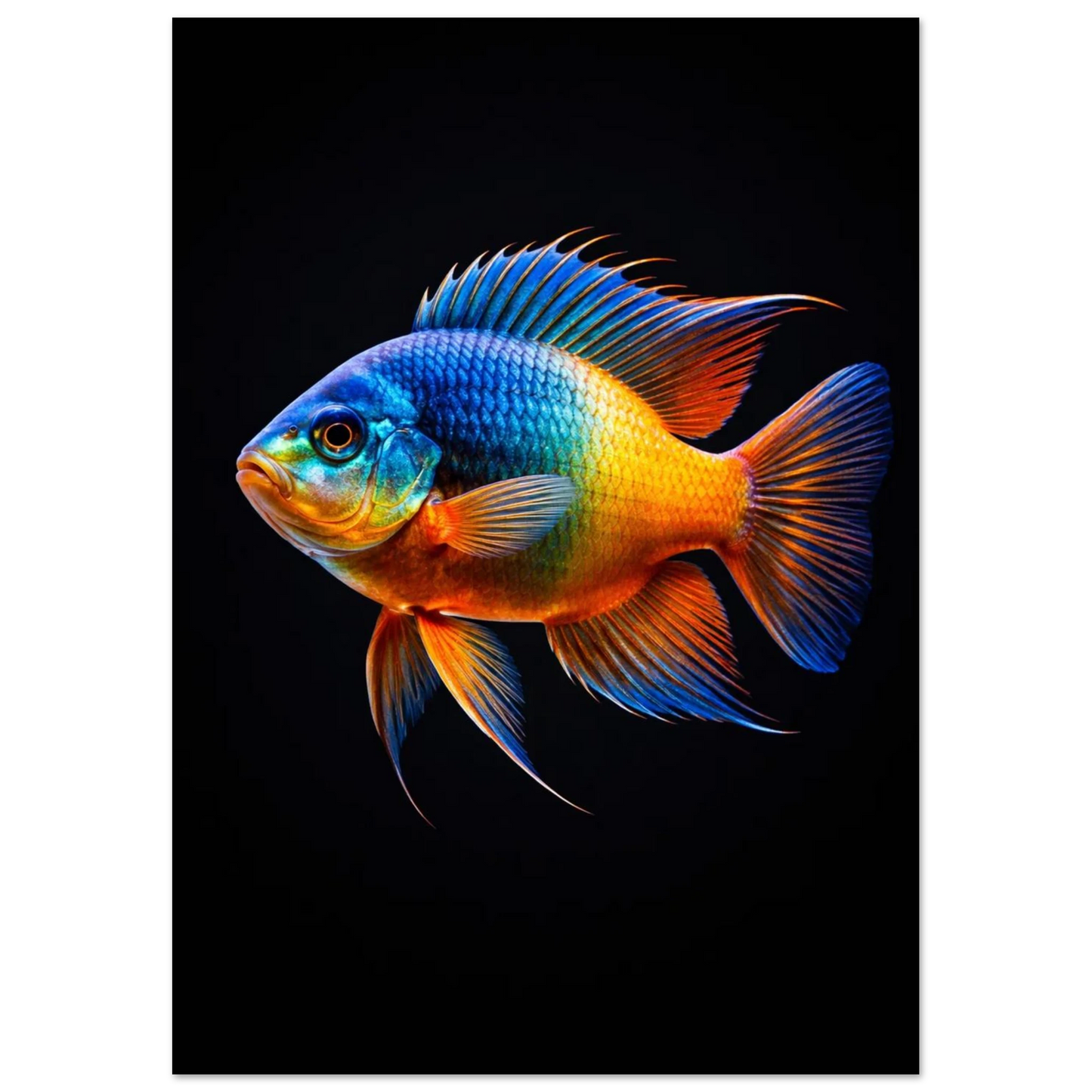 Exotisk fisk i neonfärger med detaljerade fenor – modern grafisk tavla