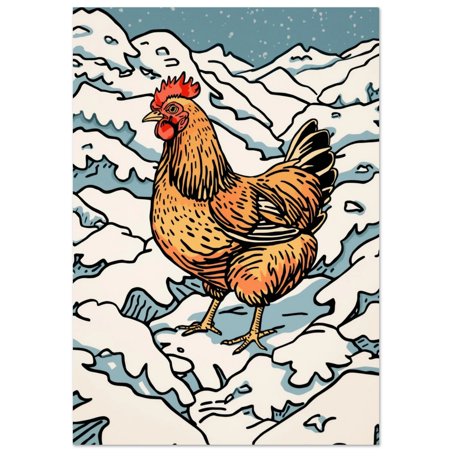 Orangebrun höna i snöigt berglandskap – grafisk illustration i träsnittsstil