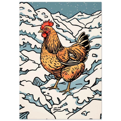 Orangebrun höna i snöigt berglandskap – grafisk illustration i träsnittsstil
