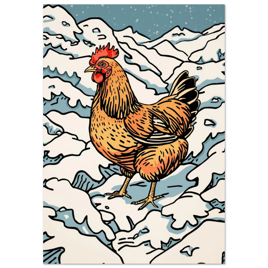 Orangebrun höna i snöigt berglandskap – grafisk illustration i träsnittsstil