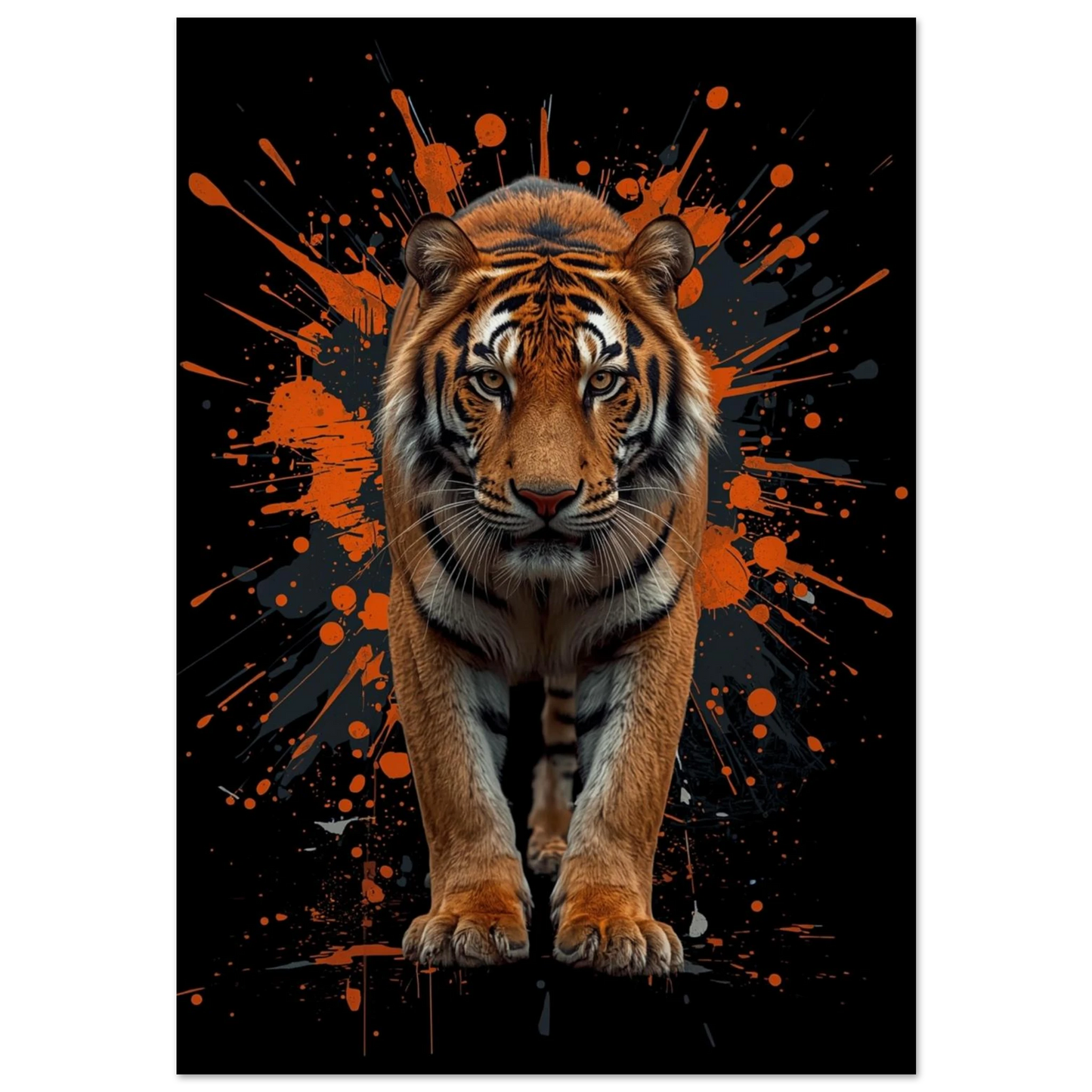 Tiger i närbild med orange färgstänk på svart bakgrund – digital djurposter