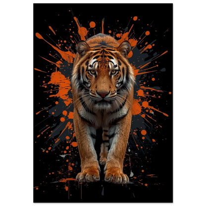 Tiger i närbild med orange färgstänk på svart bakgrund – digital djurposter