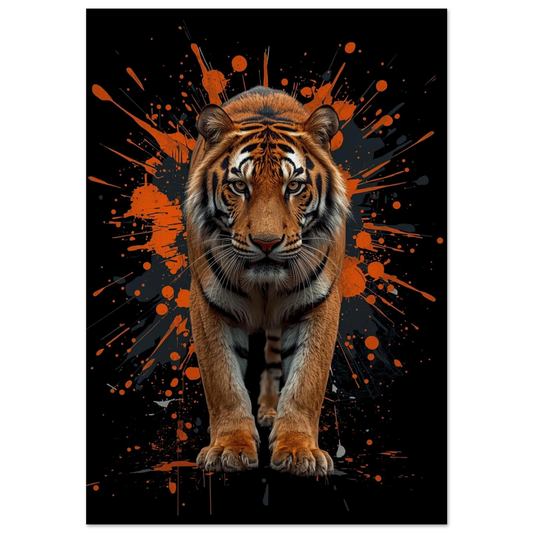 Tiger i närbild med orange färgstänk på svart bakgrund – digital djurposter