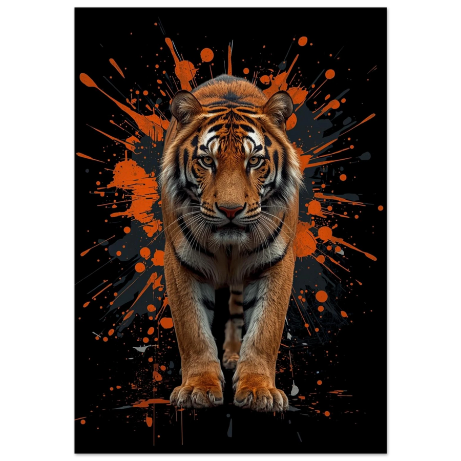 Tiger i närbild med orange färgstänk på svart bakgrund – digital djurposter