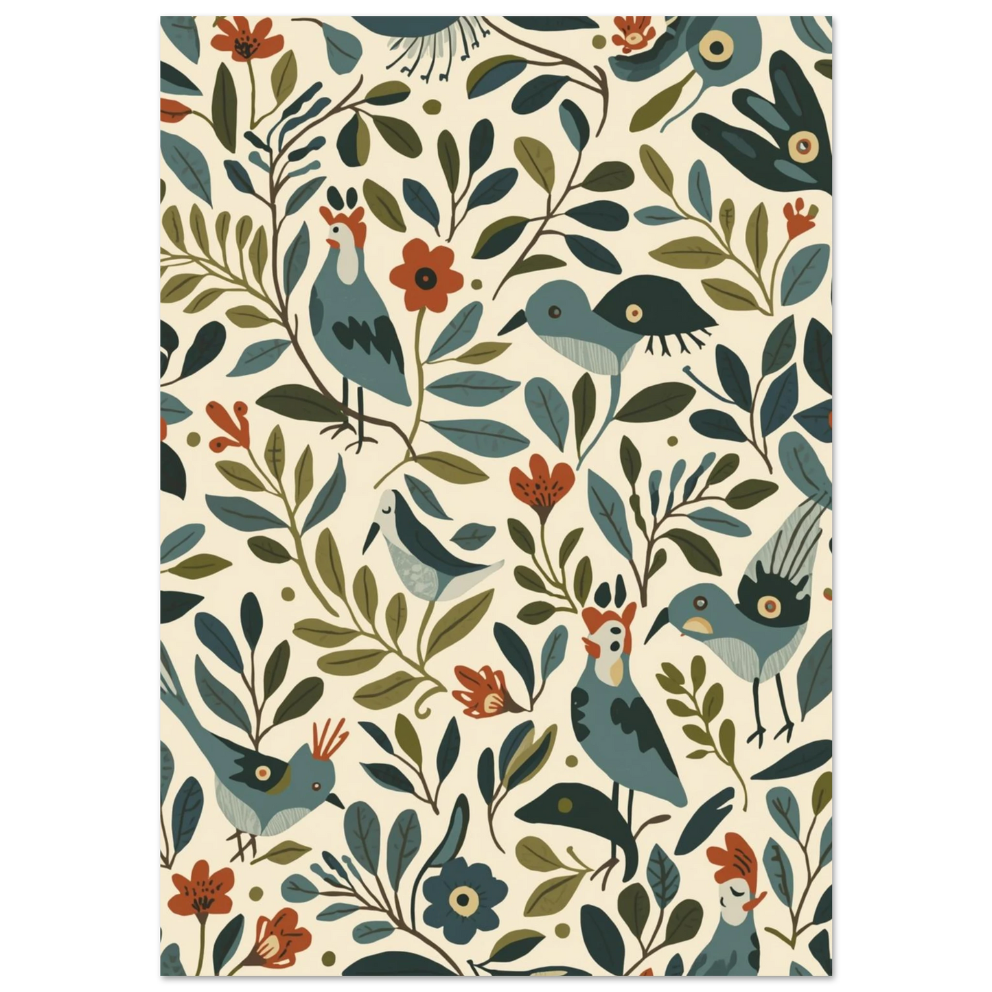 Mönstrad poster med blå småfåglar och röda blommor i retrostil