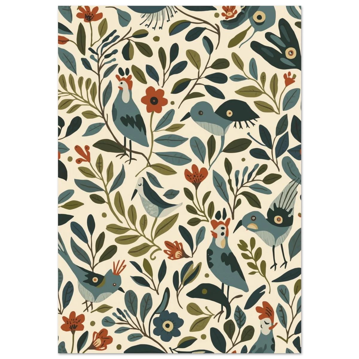 Mönstrad poster med blå småfåglar och röda blommor i retrostil
