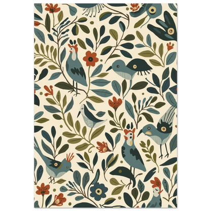 Mönstrad poster med blå småfåglar och röda blommor i retrostil