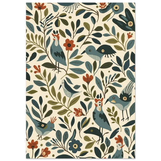 Mönstrad poster med blå småfåglar och röda blommor i retrostil